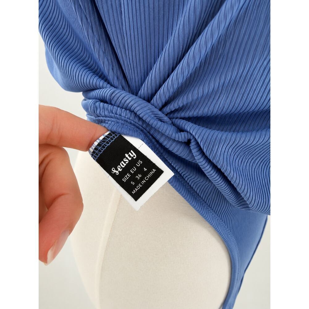 Women’s Blue Ribbed Surplice Sleeveless Bodysuit Draped V-Neck Size Small - Picture 3 of 3